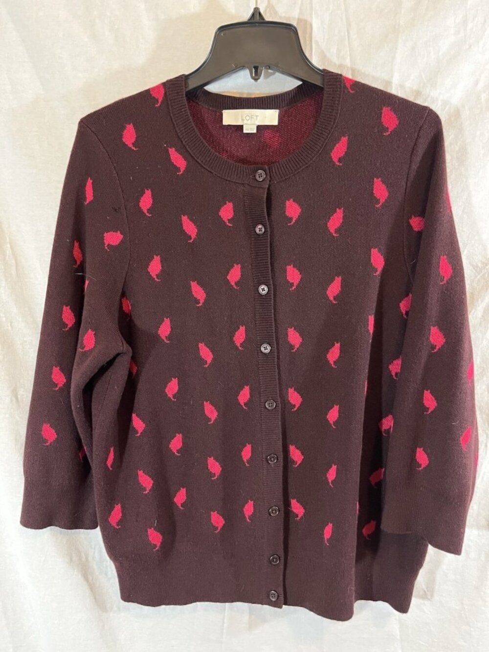 Loft Women’s XXL Burgundy Knit Cardigan With Cats